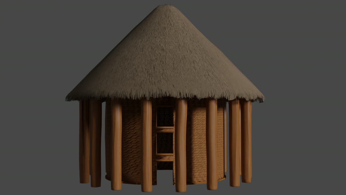 Render del bohío muisca, vista frontal