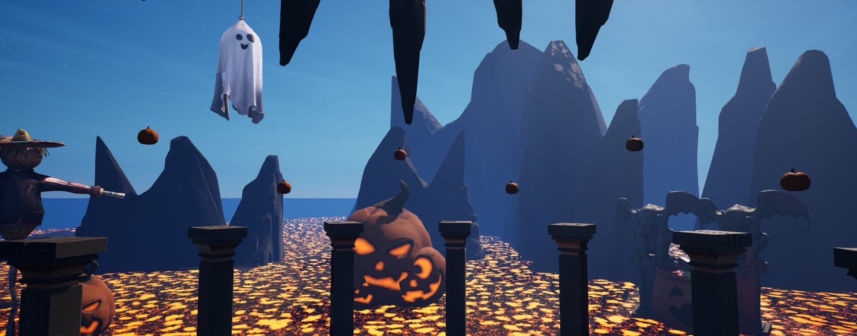 Calabazas flotantes entre los pilares durante la actualización de Halloween